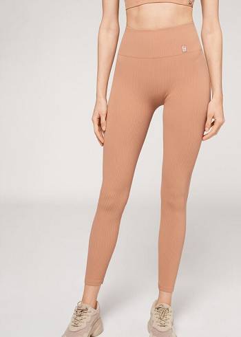 Beige Calzedonia Fine Ribbed Seamless Sport Women's Leggings | USA2651YU