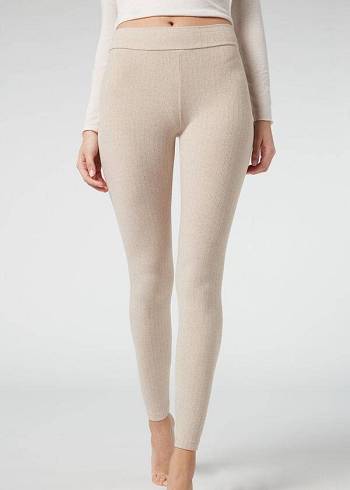 Beige Calzedonia Ribbed with Cashmere Women's Leggings | USA2674OR