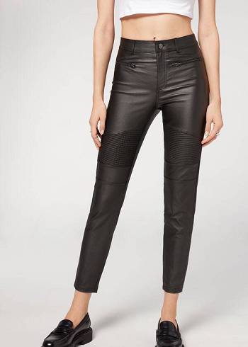 Black Calzedonia Coated Skinny Biker Women's Leggings | USA2629PQ