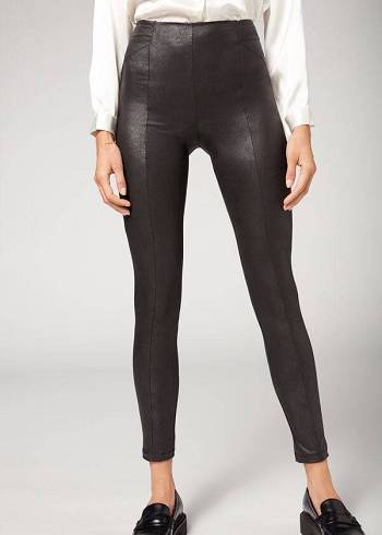 Black Calzedonia Coated Total Shaper Biker Women's Leggings | USA2634TV