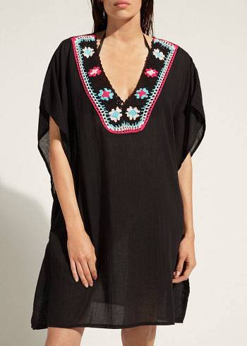 Black Calzedonia Crochet Neckline Kaftan Women's Cover Ups | USA2074VD