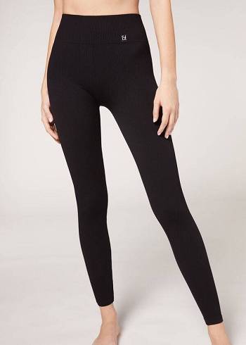 Black Calzedonia Fine Ribbed Seamless Sport Women's Leggings | USA2645SO