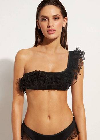 Black Calzedonia Lightly Padded Single Strap Bandeau Singapore Women's Bikini Tops | USA1779FM