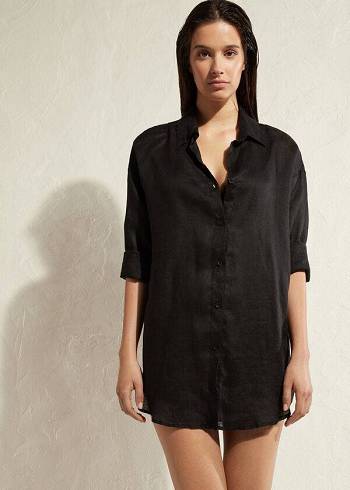 Black Calzedonia Linen Shirt Women's Cover Ups | USA2092GL