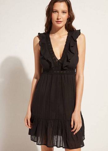 Black Calzedonia Mini Dress with Ruffle and Passementerie Women's Cover Ups | USA2106EX