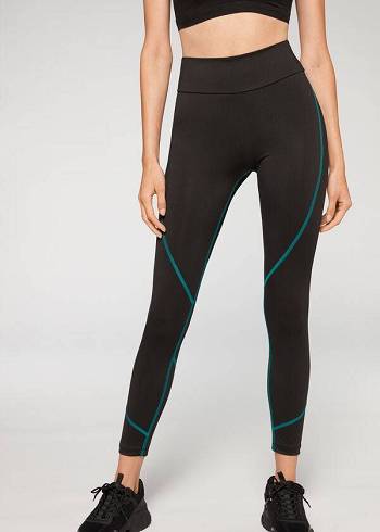 Black / Green Calzedonia Contrast Seam Performance Athletic Women's Leggings | USA2636EX