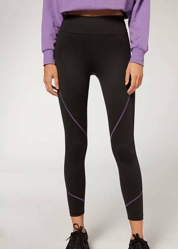 Black / Purple Calzedonia Contrast Seam Performance Athletic Women's Leggings | USA2635RW