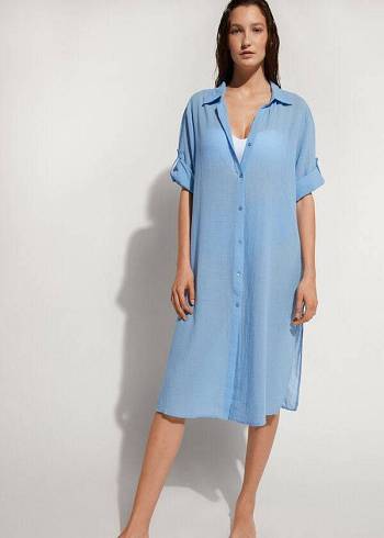 Blue Calzedonia Cotton Maxi Shirt Women's Cover Ups | USA2069KI