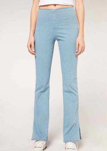 Blue Calzedonia High-Waist Flared in Denim with Slits Women's Leggings | USA2660VD