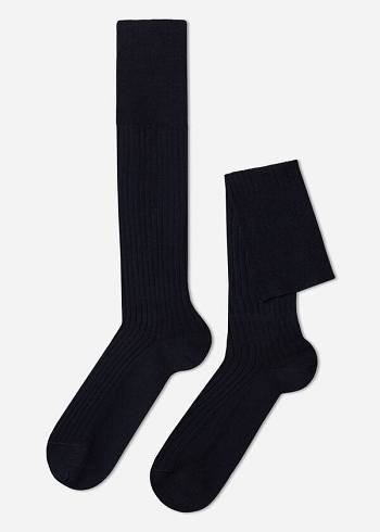 Blue Calzedonia Lisle Thread Ribbed Men's Long Socks | USA2752WY