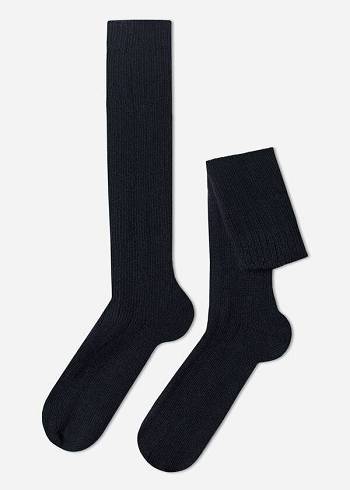 Blue Calzedonia Ribbed Wool and Cashmere Men's Long Socks | USA2777RW