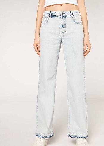Blue Calzedonia Wide-Leg Frayed Women's Jeans | USA2618ZG