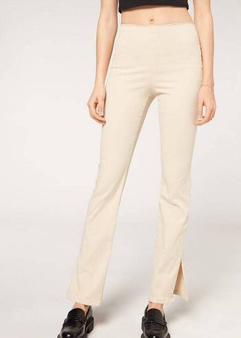 Brown / Beige Calzedonia High-Waist Flared in Denim with Slits Women's Leggings | USA2661CE