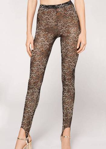 Brown / Black Calzedonia Glitter Lace Stirrup Women's Leggings | USA2655WY