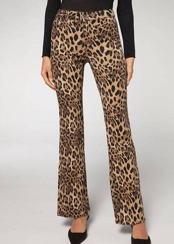 Brown Calzedonia Animal Print Flared Women's Jeans | USA2561NB