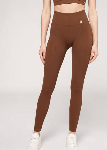 Brown Calzedonia Fine Ribbed Seamless Sport Women's Leggings | USA2649IS