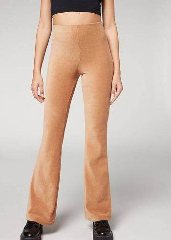 Brown Calzedonia Ribbed Flared Velvet Women's Leggings | USA2673PQ