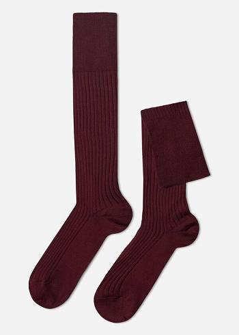 Burgundy Calzedonia Lisle Thread Ribbed Men's Long Socks | USA2753QZ