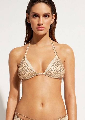 Gold Calzedonia Rhinestone Triangle String Luxor Women's Bikini Tops | USA1958AP