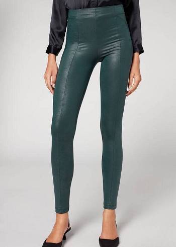 Green Calzedonia Coated Total Shaper Biker Women's Leggings | USA2633YU