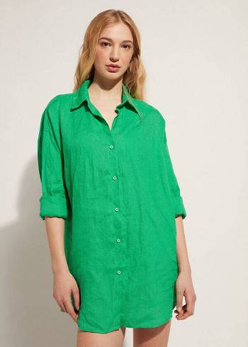 Green Calzedonia Linen Shirt Women's Cover Ups | USA2088AP