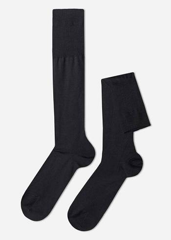 Grey / Blue Calzedonia Lisle Thread Men's Long Socks | USA2767FM