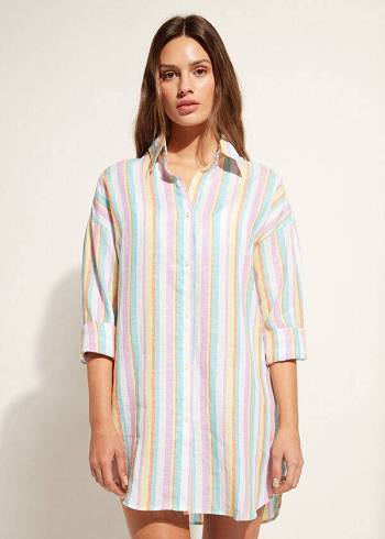 Multicolor Stripes Calzedonia Linen Shirt Women's Cover Ups | USA2089SO