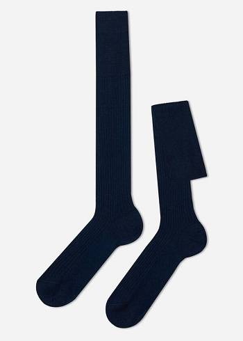 Navy Calzedonia Lisle Thread Ribbed Men's Long Socks | USA2754MA