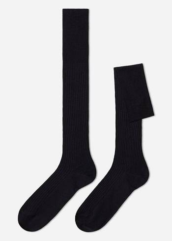 Navy / Grey Calzedonia Lisle Thread Ribbed Men's Long Socks | USA2755NB