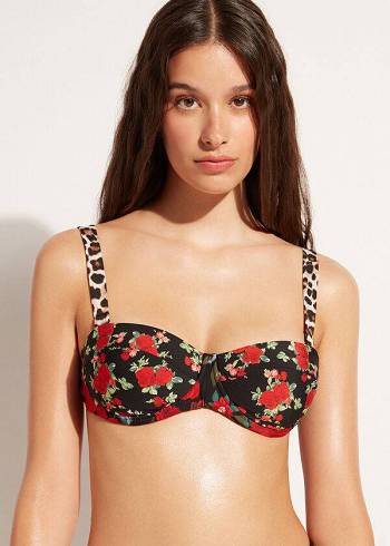 Pink / Black Calzedonia Bandeau Lightly Padded Nizza Women's Bikini Tops | USA1694UT