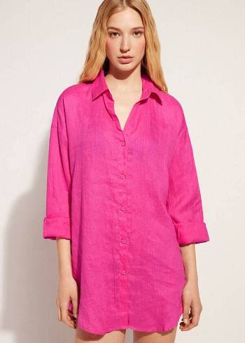 Pink Calzedonia Linen Shirt Women's Cover Ups | USA2096LH