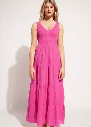 Pink Calzedonia Long Dress with Ruffled Skirt Women's Cover Ups | USA2102NB