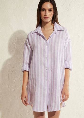 Purple / White Calzedonia Linen Shirt Women's Cover Ups | USA2086OR