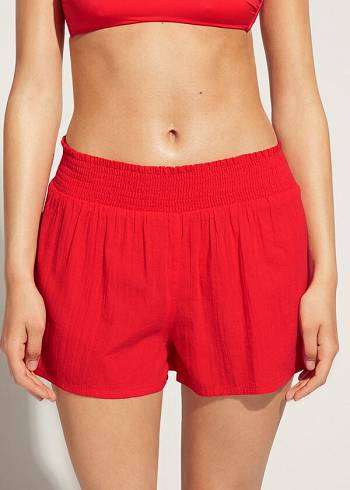 Red Calzedonia Cotton Shorts Women's Cover Ups | USA2122LH