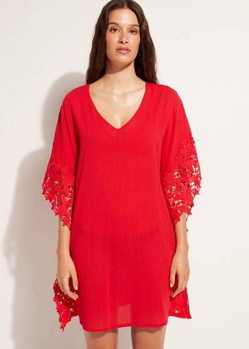 Red Calzedonia Floral Macramé Lace Caftan Women's Cover Ups | USA2080EX