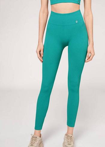 Turquoise Calzedonia Fine Ribbed Seamless Sport Women's Leggings | USA2646AP