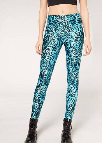 Turquoise Calzedonia Shiny Animal-Print Athletic Women's Leggings | USA2681WY