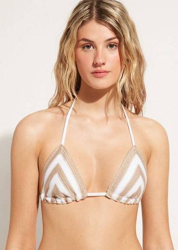 White / Beige Calzedonia Triangle String Mumbai Women's Bikini Tops | USA2054EX