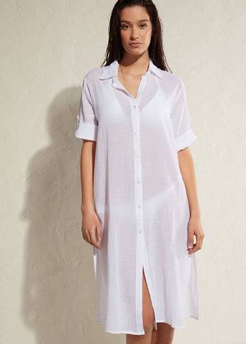 White Calzedonia Cotton Maxi Shirt Women's Cover Ups | USA2070LH