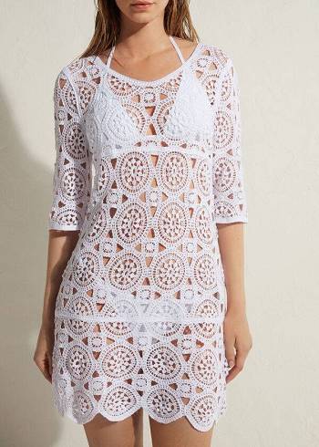 White Calzedonia Crochet Dress Women's Cover Ups | USA2071ZG