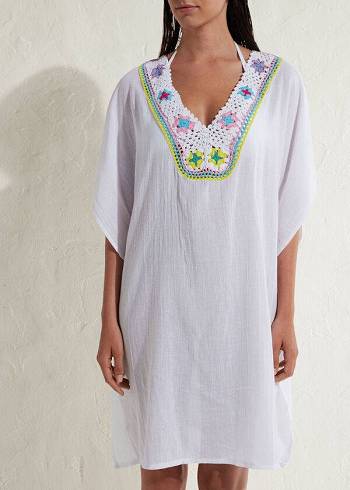 White Calzedonia Crochet Neckline Kaftan Women's Cover Ups | USA2075BC