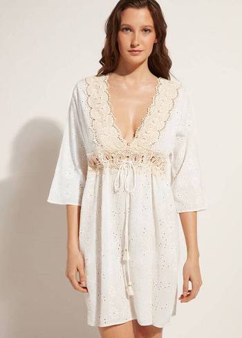 White Calzedonia Dress in Sangallo Lace and Sequins Women's Cover Ups | USA2077MA