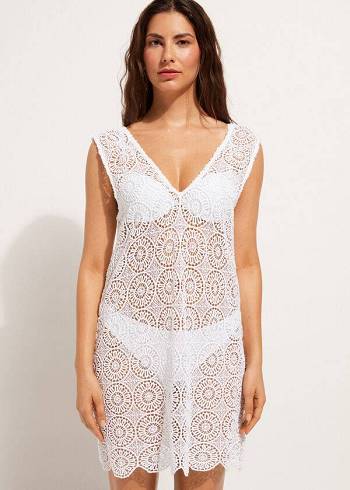 White Calzedonia Geometric Crochet Dress Women's Cover Ups | USA2083YU