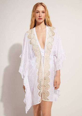 White Calzedonia Kimono Caftan with Sangallo Lace and Sequins Women's Cover Ups | USA2085IS