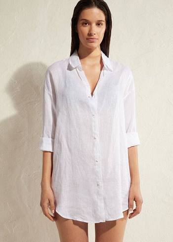 White Calzedonia Linen Shirt Women's Cover Ups | USA2093HK