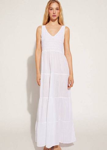 White Calzedonia Long Dress with Ruffled Skirt Women's Cover Ups | USA2103MA