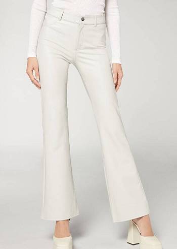 White Calzedonia Zip and Button Coated Thermal Flared Women's Leggings | USA2711NB