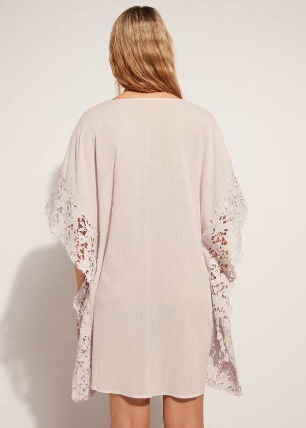 Beige Calzedonia Floral Macramé Lace Caftan Women's Cover Ups | USA2081RW