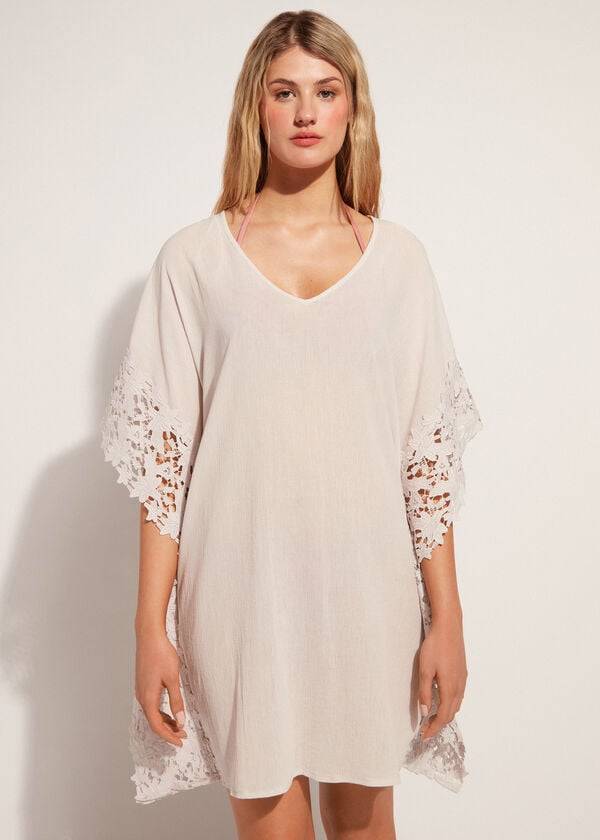 Beige Calzedonia Floral Macramé Lace Caftan Women\'s Cover Ups | USA2081RW