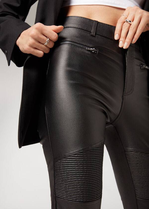 Black Calzedonia Coated Skinny Biker Women's Leggings | USA2629PQ